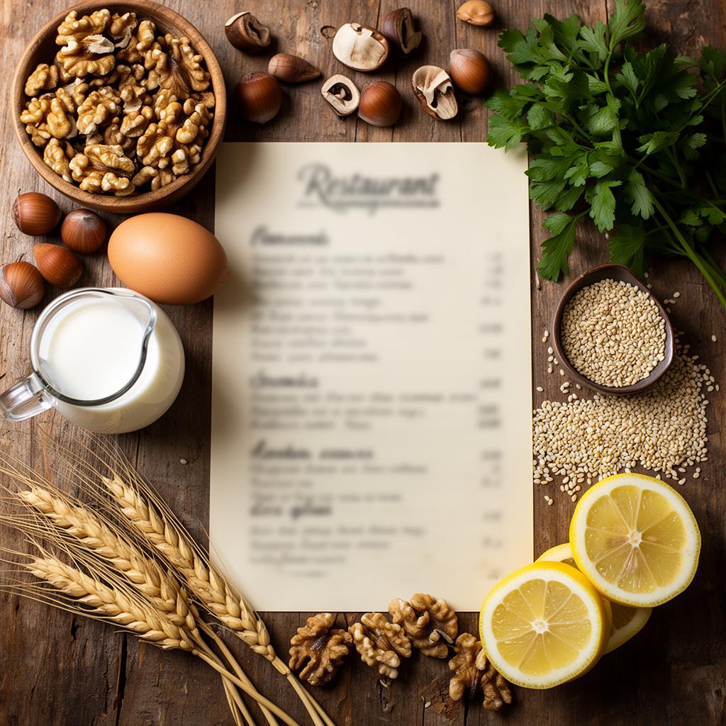 Speisekarte mit Allergenkennzeichnung neben Nüssen, Käse und frischen Kräutern
