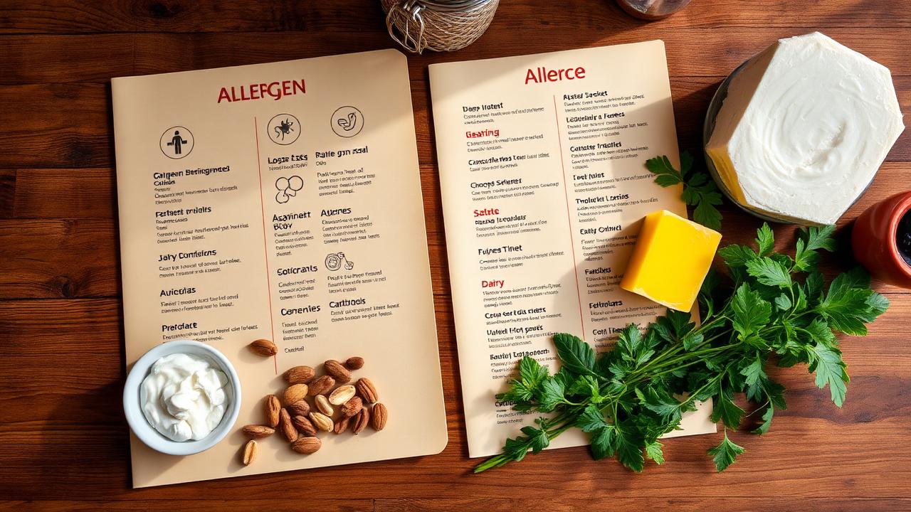Speisekarte mit Allergenkennzeichnung neben Nüssen, Käse und frischen Kräutern