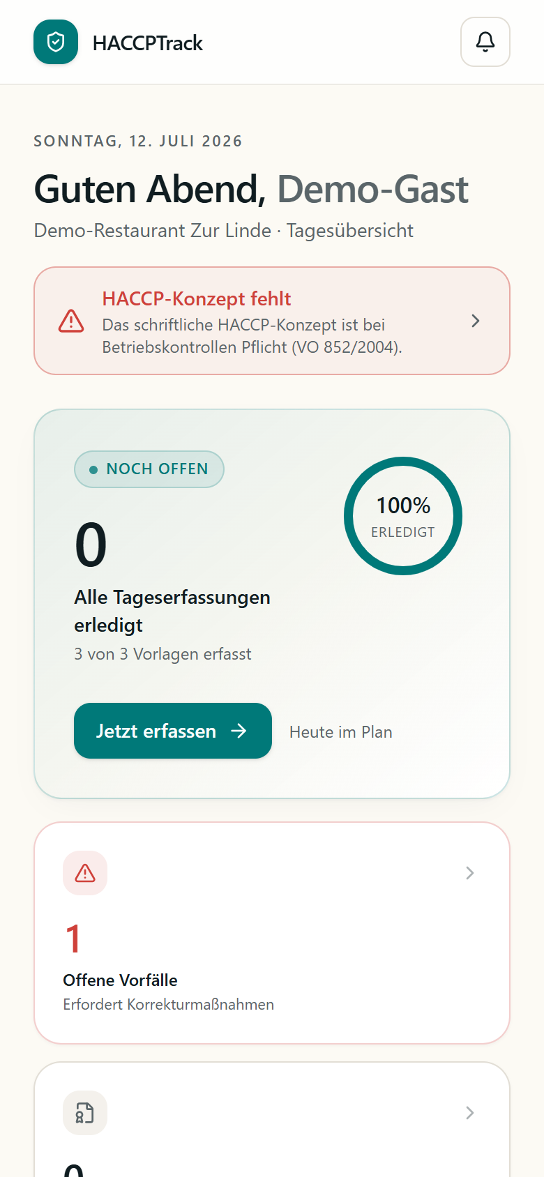 HACCPTrack Dashboard: Tagesübersicht mit Erfassungsfortschritt, offenen Vorfällen und Standort-Status