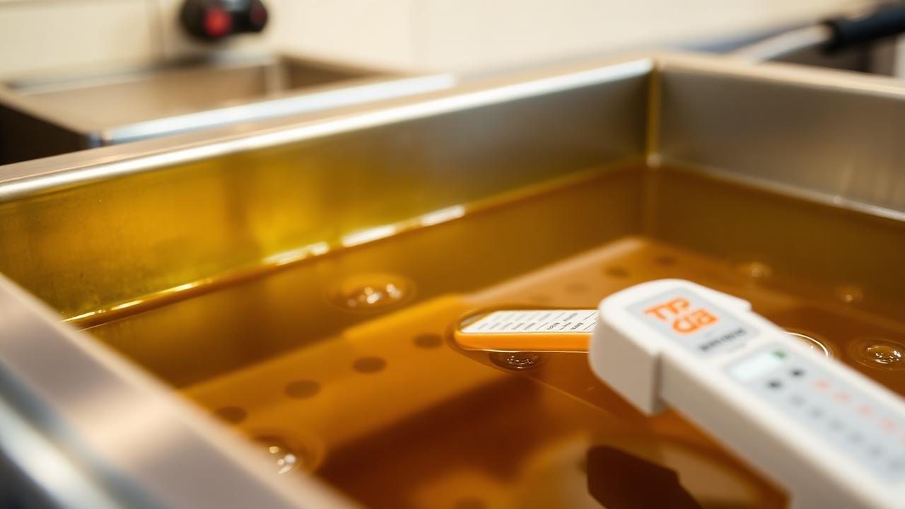 TPM-Testgerät misst polare Anteile in goldenem Frittieröl einer Profi-Fritteuse