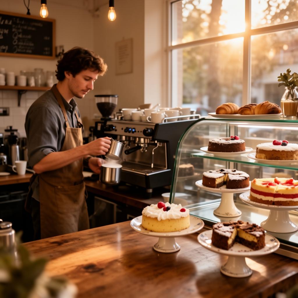 Kuchentheke in einem Café mit Allergenkennzeichnung und frischem Gebäck