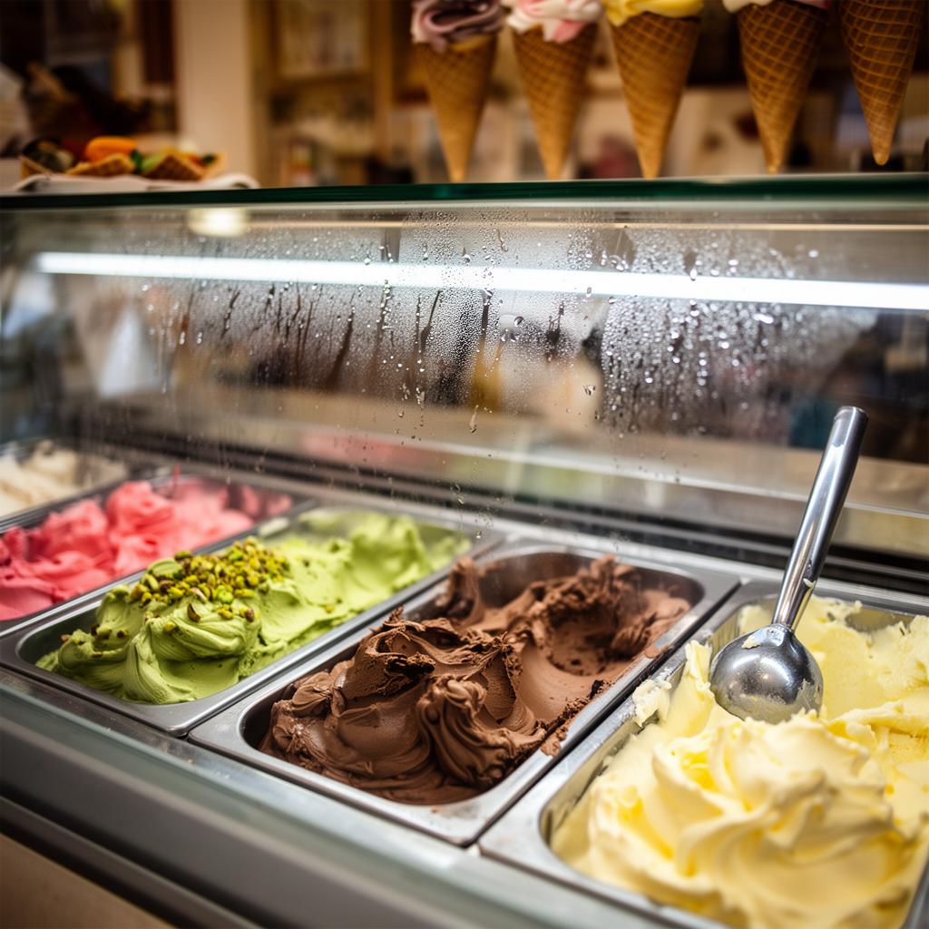 Mitarbeiterin in einer Eisdiele wäscht sich vor der Speiseeisherstellung gründlich die Hände