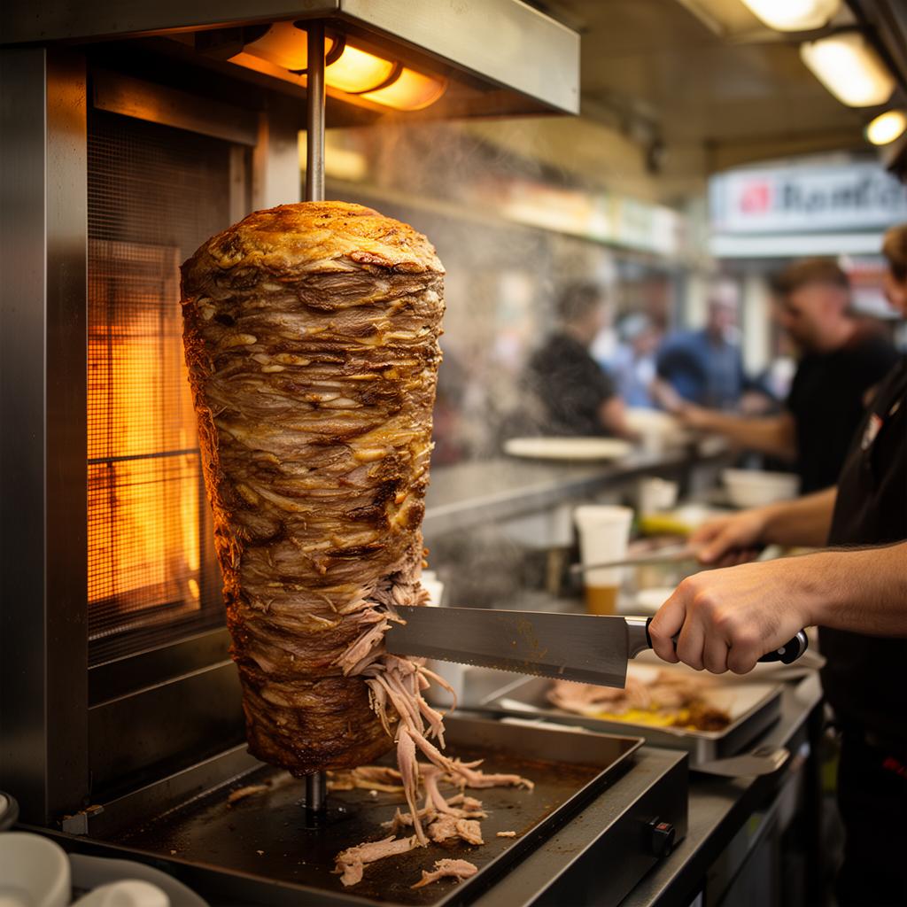 Imbiss-Mitarbeiter misst mit einem Einstichthermometer die Kerntemperatur am Döner-Spieß