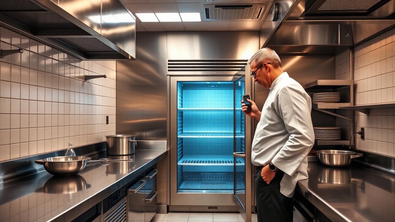 Koch kontrolliert Temperatur in einem Kühlhaus mit digitalem Thermometer