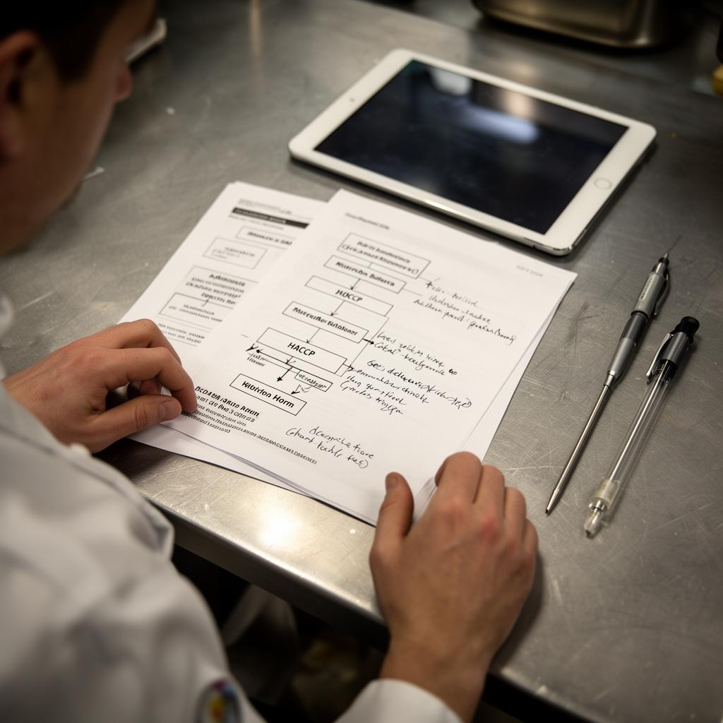 Koch kontrolliert Temperatur in einem Kühlhaus mit digitalem Thermometer