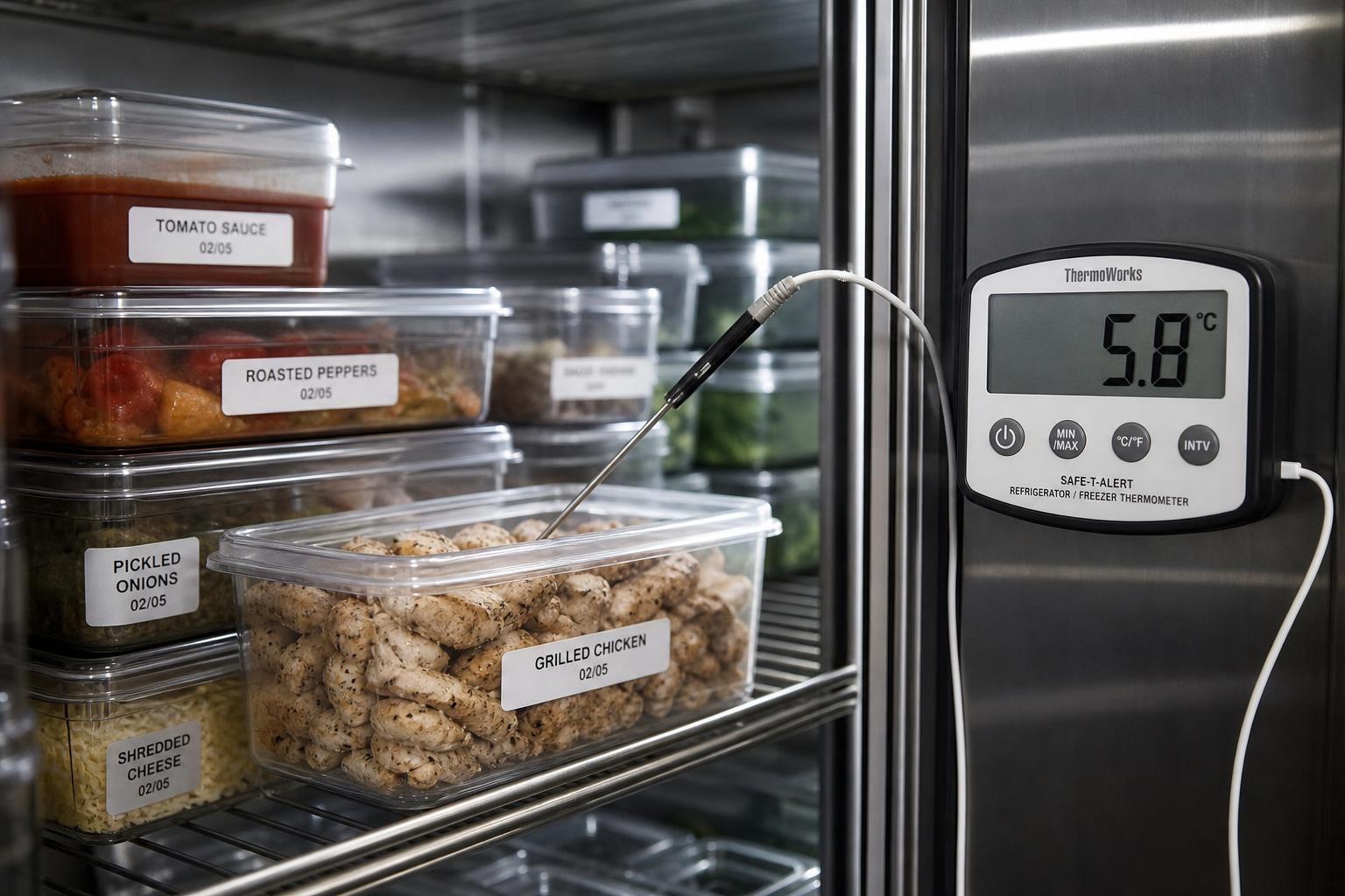 Digitales Einstichthermometer misst Lebensmitteltemperatur im Kühlschrank