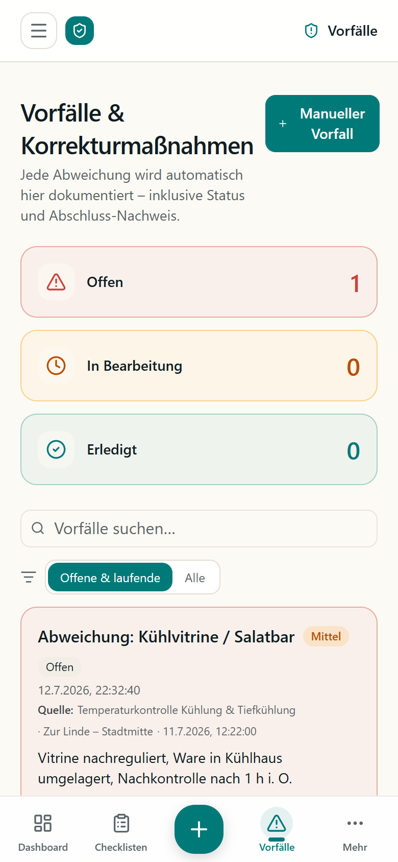 HACCPTrack Vorfälle: automatisch dokumentierte Kühlvitrinen-Abweichung mit Korrekturmaßnahme